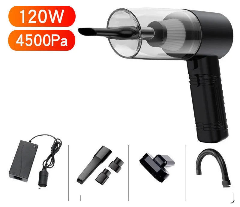 Handheld car vacuum cleaner in black or white with accessories for vehicle and home cleaning