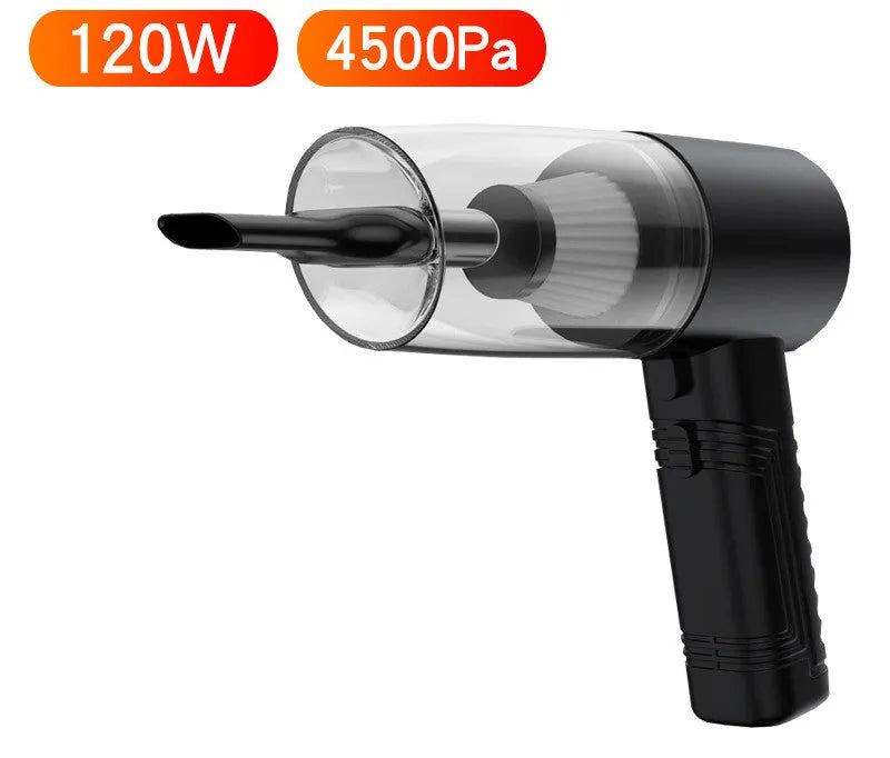 Handheld car vacuum cleaner in black or white with accessories for vehicle and home cleaning
