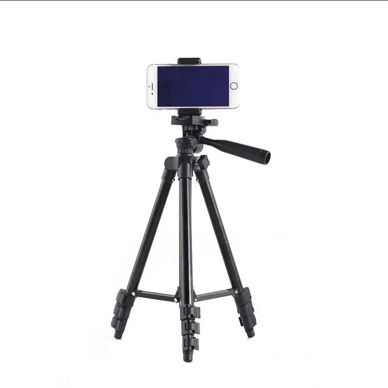 Black aluminium alloy portable camera tripod with 3D head, shown collapsed and extended.