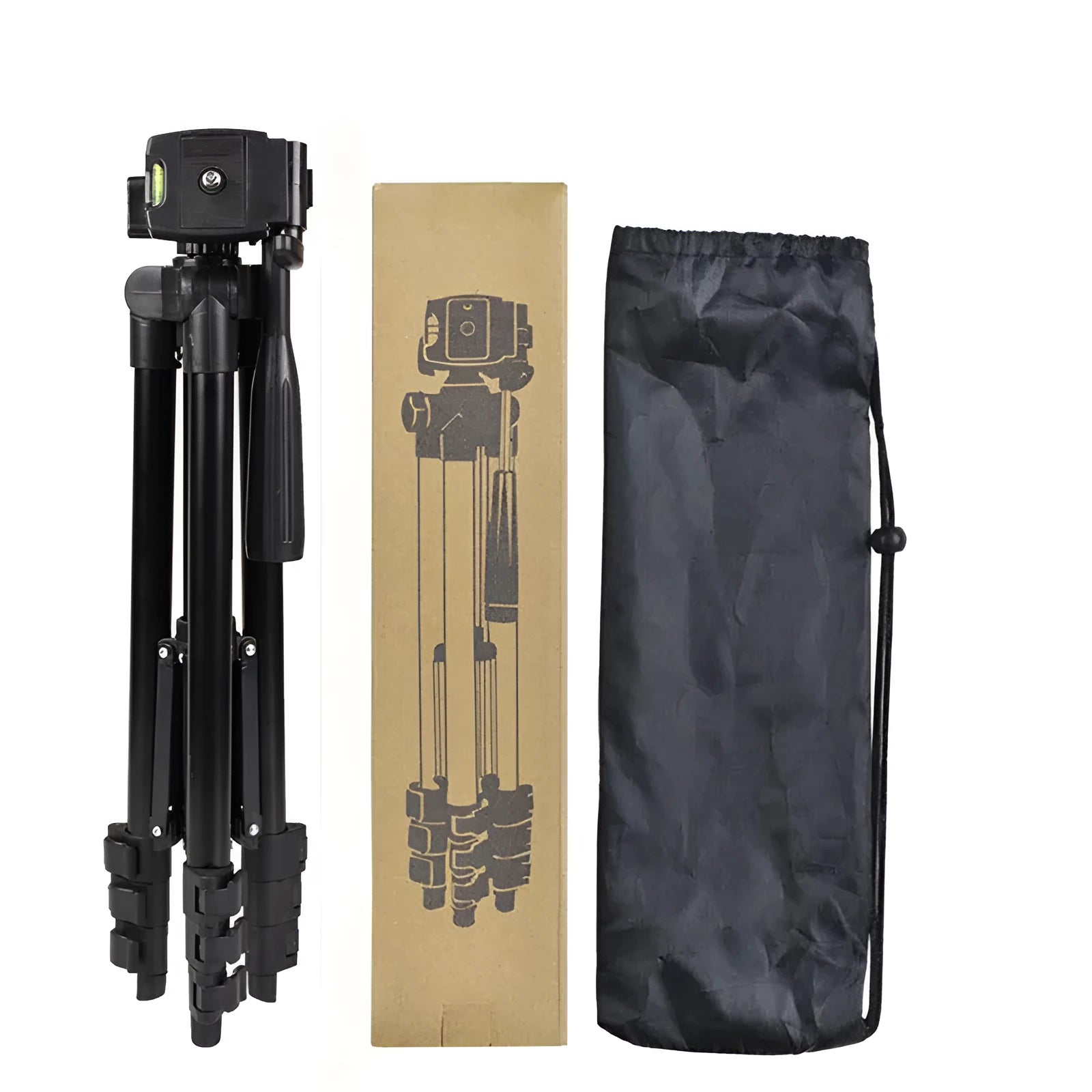 Black aluminium alloy portable camera tripod with 3D head, shown collapsed and extended.