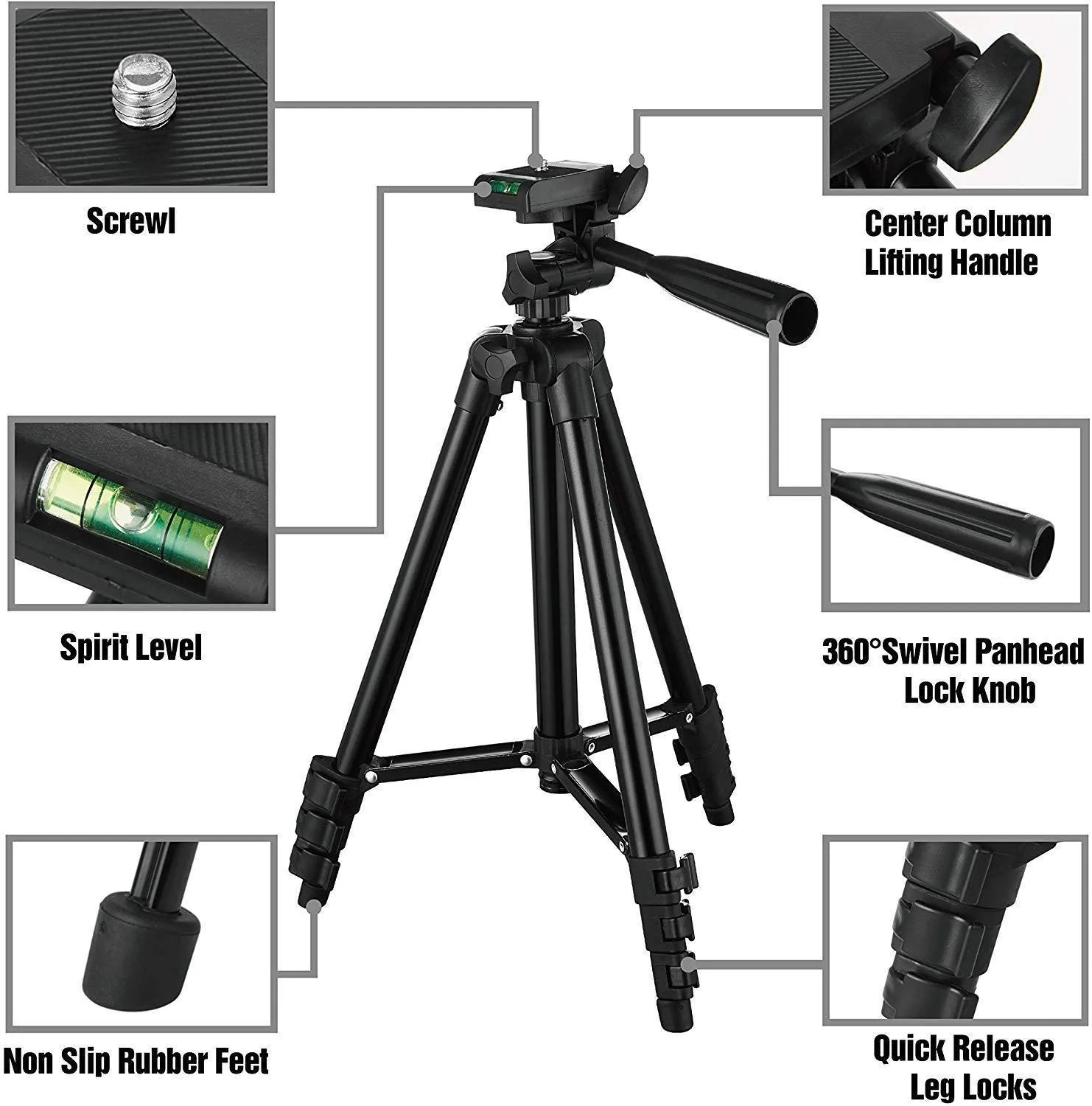 Black aluminium alloy portable camera tripod with 3D head, shown collapsed and extended.