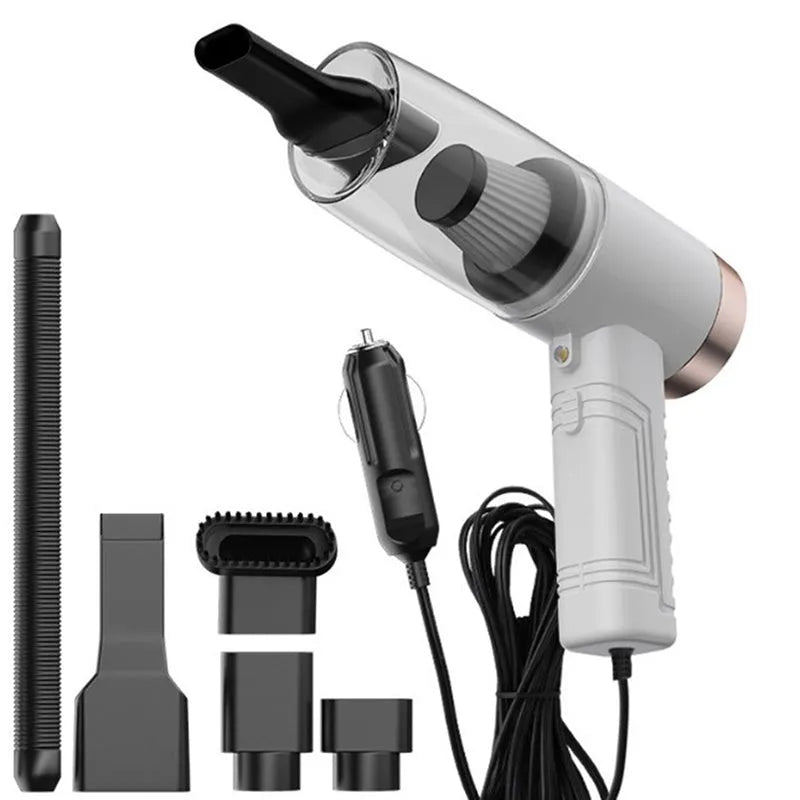 Handheld car vacuum cleaner in black or white with accessories for vehicle and home cleaning