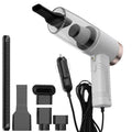 Handheld car vacuum cleaner in black or white with accessories for vehicle and home cleaning