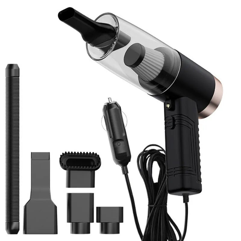 Handheld car vacuum cleaner in black or white with accessories for vehicle and home cleaning