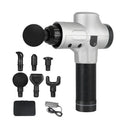 Black electric muscle massage gun with set of seven different interchangeable head attachments on a grey background