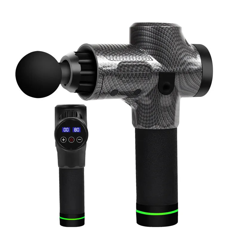Black electric muscle massage gun with set of seven different interchangeable head attachments on a grey background