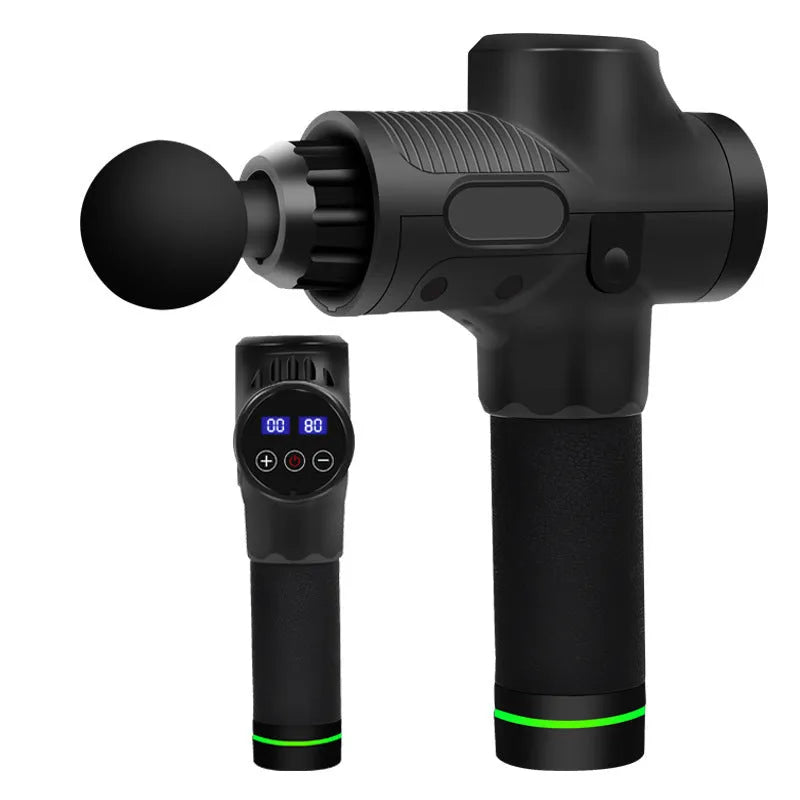 Black electric muscle massage gun with set of seven different interchangeable head attachments on a grey background