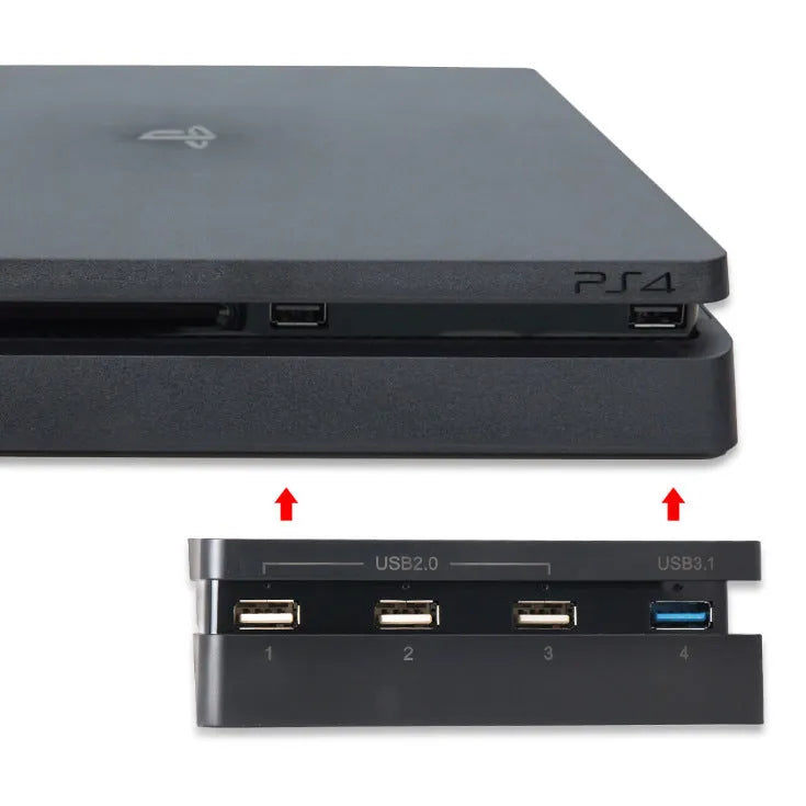 Black PS4 Slim USB hub extender with multiple ports for console expansion