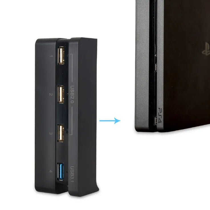 Black PS4 Slim USB hub extender with multiple ports for console expansion