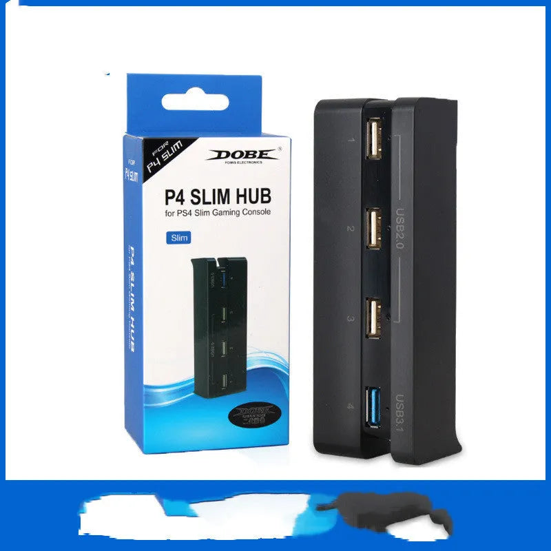 Black PS4 Slim USB hub extender with multiple ports for console expansion