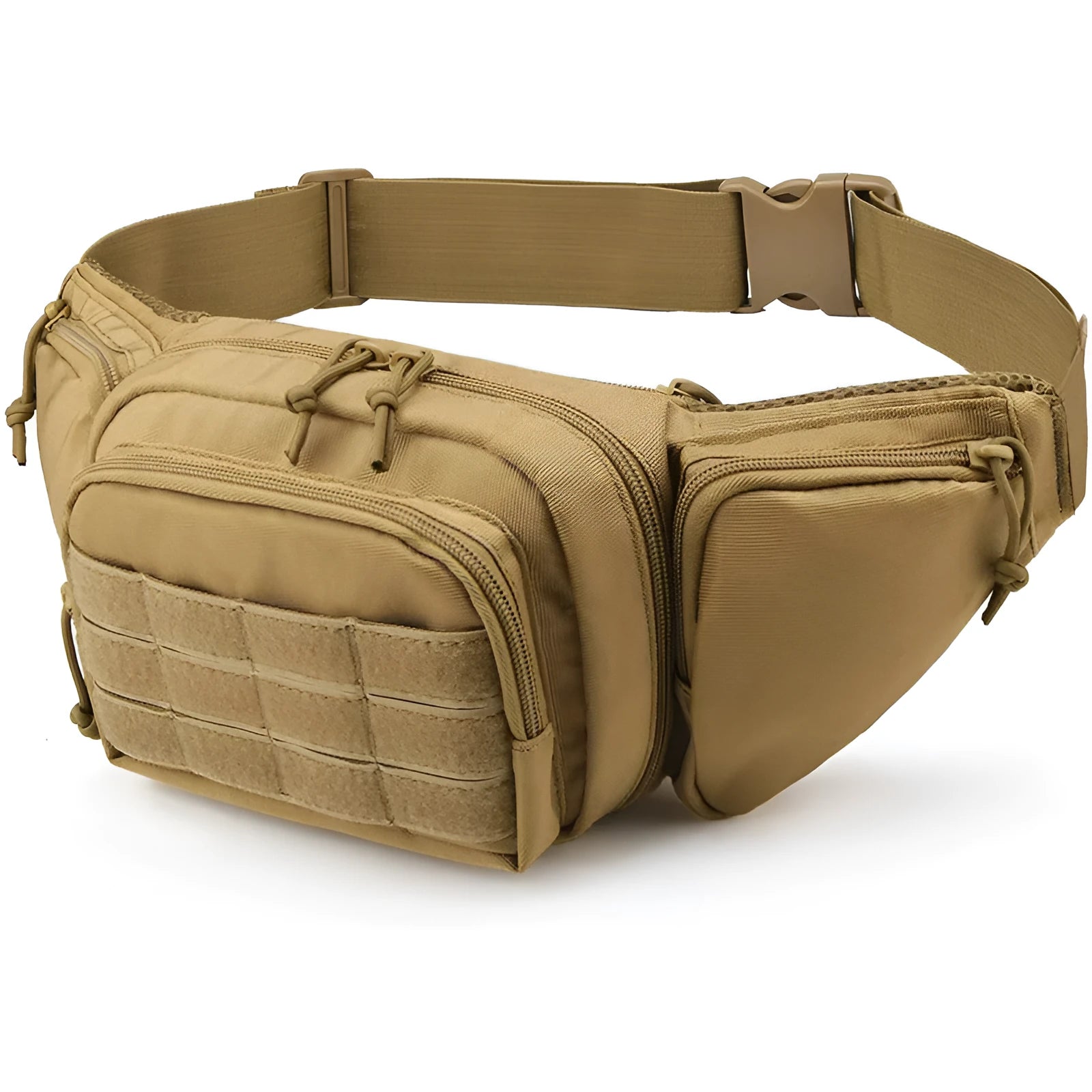 Tactical waist bag shown in black colour worn around waist without shoulder straps