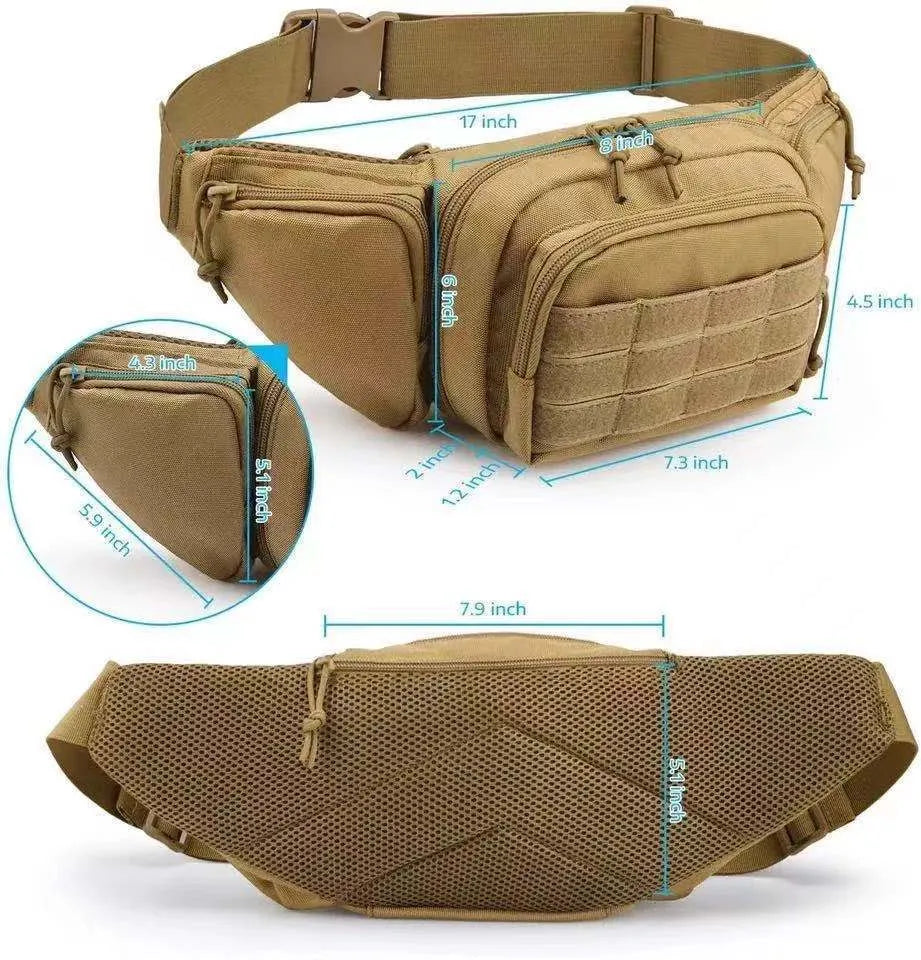 Tactical waist bag shown in black colour worn around waist without shoulder straps