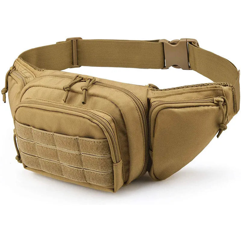 Tactical waist bag shown in black colour worn around waist without shoulder straps