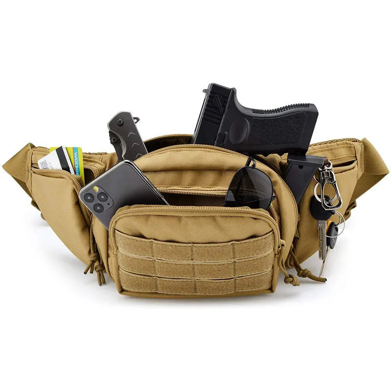 Tactical waist bag shown in black colour worn around waist without shoulder straps
