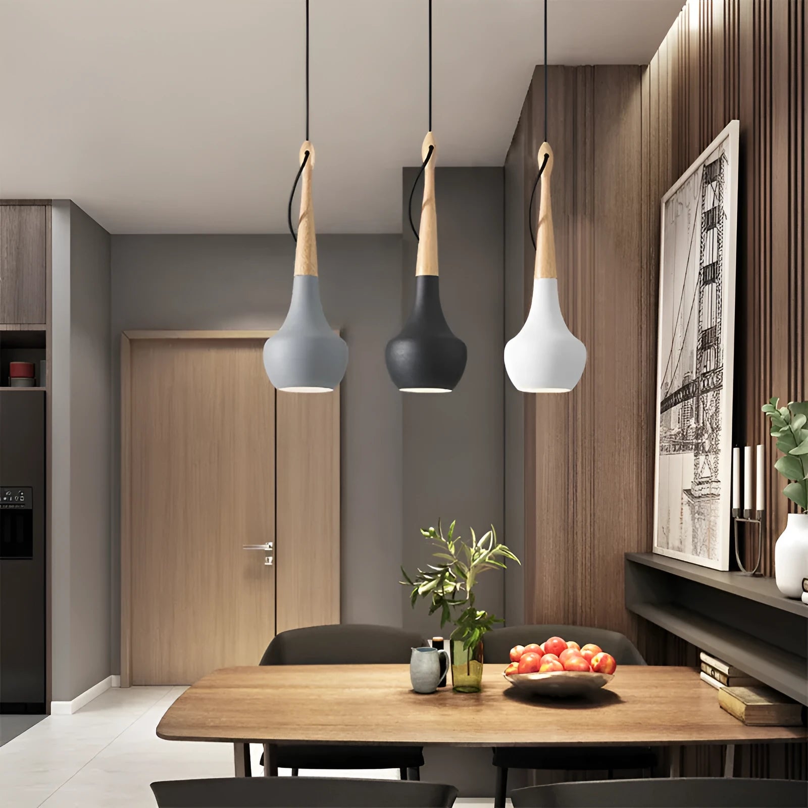 Postmodern minimalist LED dining room chandelier in black finish, 110mm diameter, 350mm height