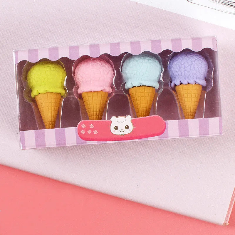 Set of twelve colourful cartoon food-shaped erasers including ice creams, doughnuts, and lollipops.