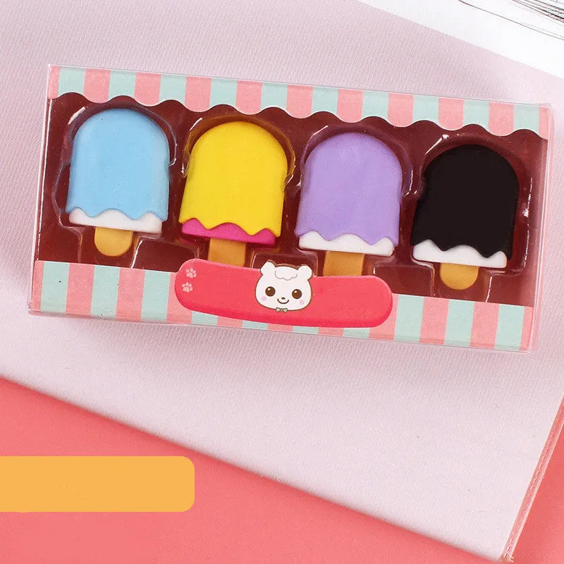 Set of twelve colourful cartoon food-shaped erasers including ice creams, doughnuts, and lollipops.