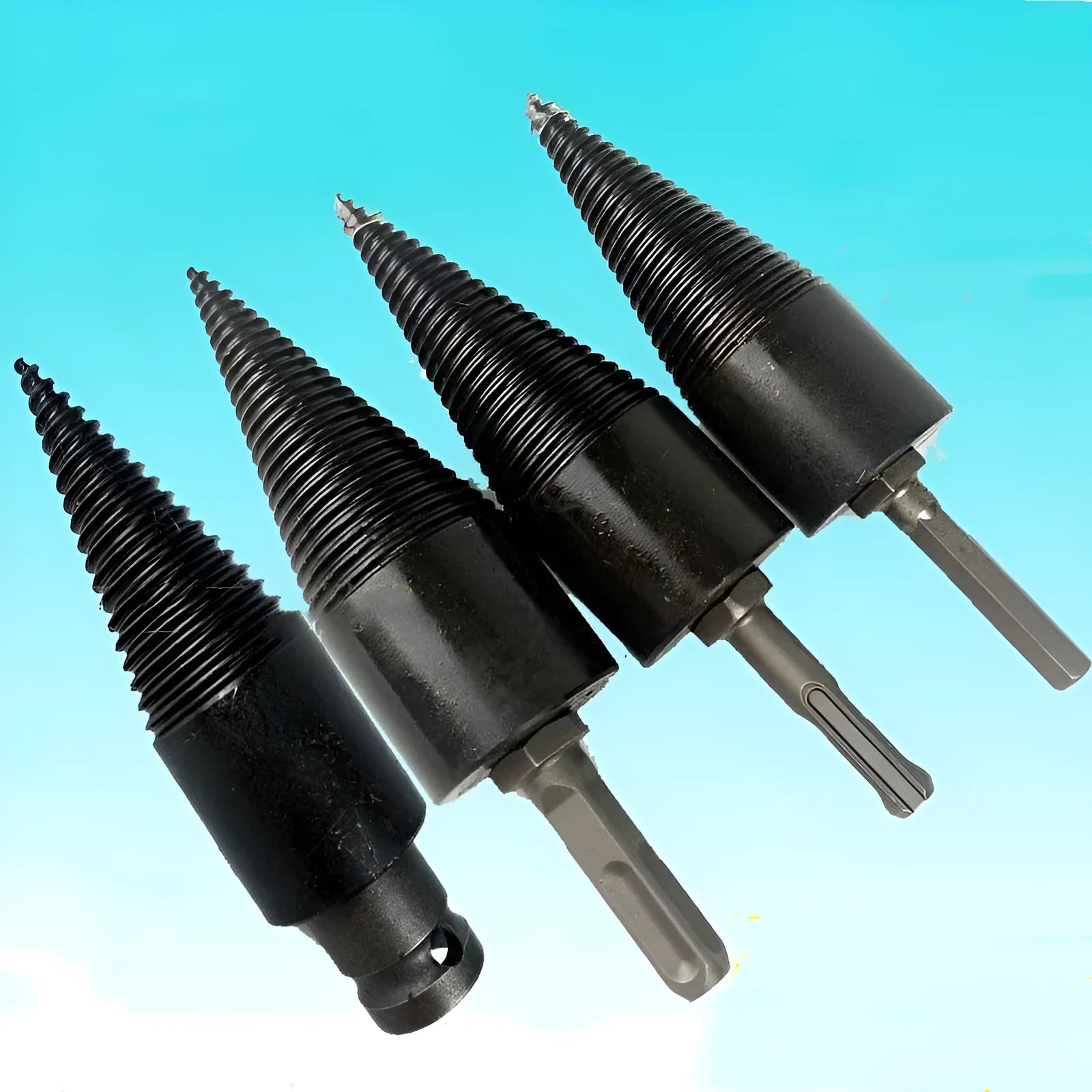 Steel firewood splitting cone drill bit with hexagonal shank for hand drills