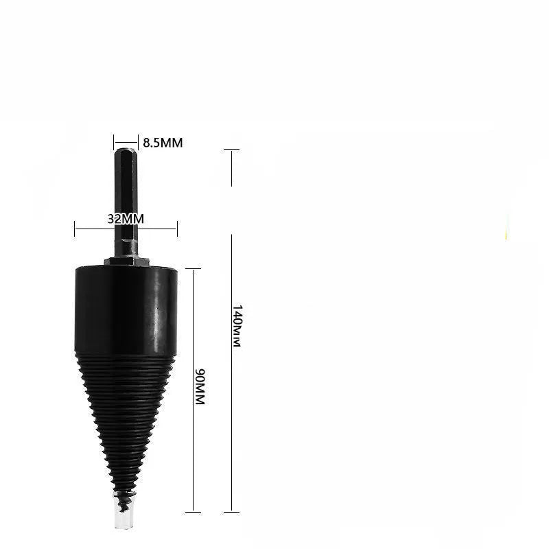 Steel firewood splitting cone drill bit with hexagonal shank for hand drills