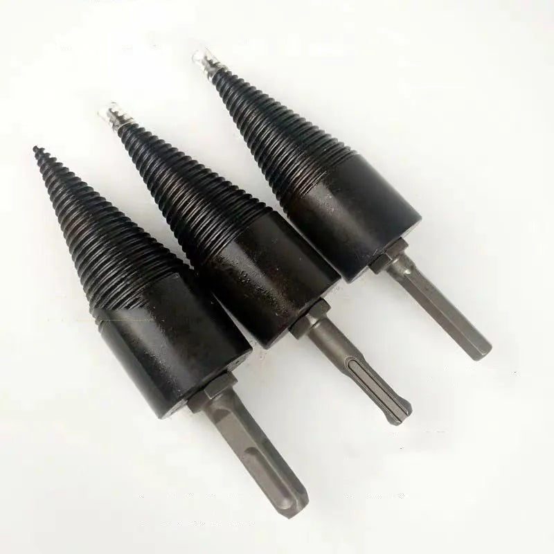 Steel firewood splitting cone drill bit with hexagonal shank for hand drills