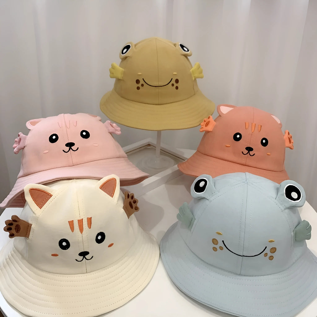 Children's cotton fisherman hat with kitten and frog print, 48cm, in orange