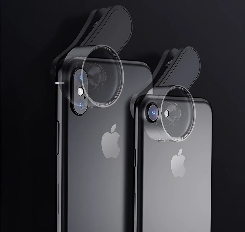 Smartphone camera lens kit with LED fill light attached to mobile phone showing wide angle and macro lenses