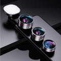Smartphone camera lens kit with LED fill light attached to mobile phone showing wide angle and macro lenses