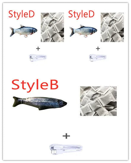 USB rechargeable electronic jumping fish cat toy in multicolour, 30cm long.