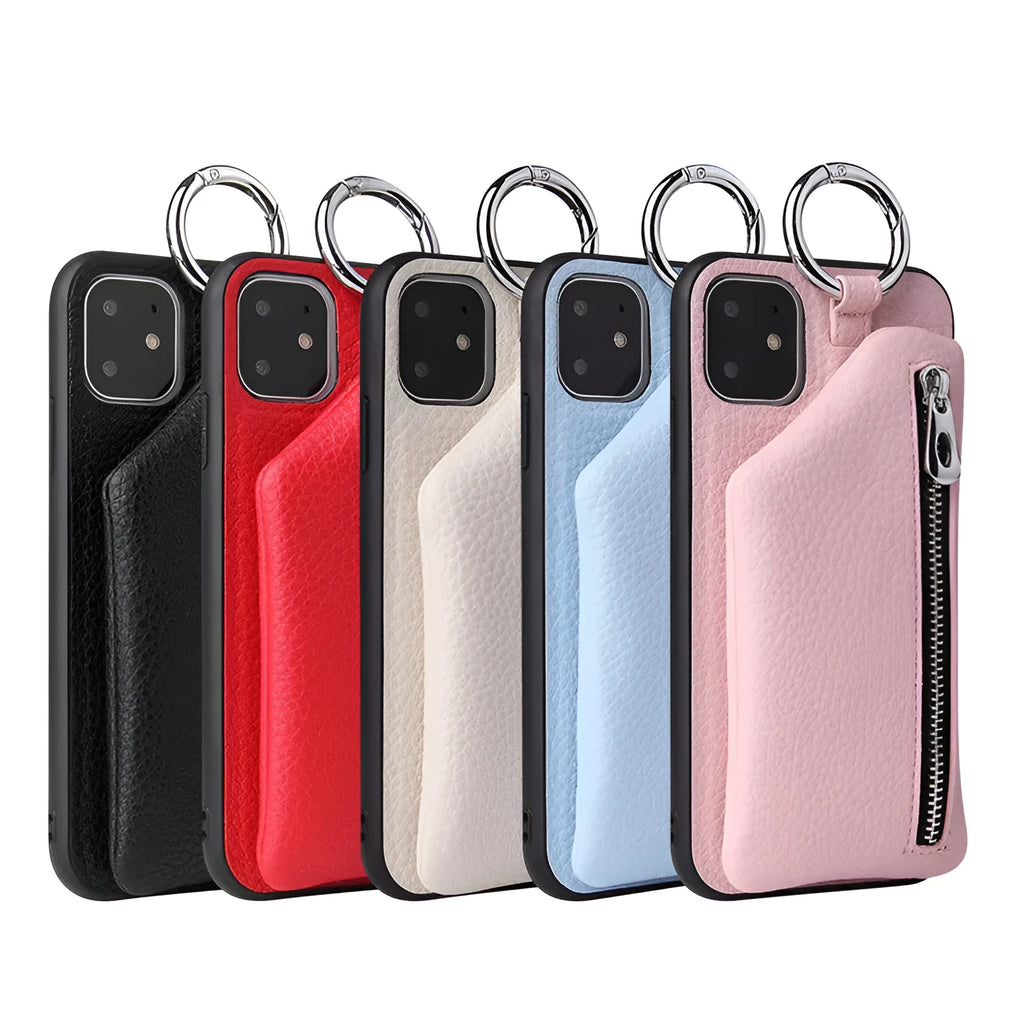 Pink imitation leather phone case with a matching crossbody neck lanyard strap attached