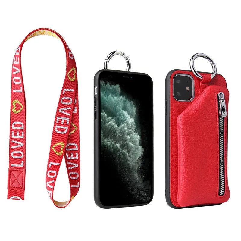 Pink imitation leather phone case with a matching crossbody neck lanyard strap attached