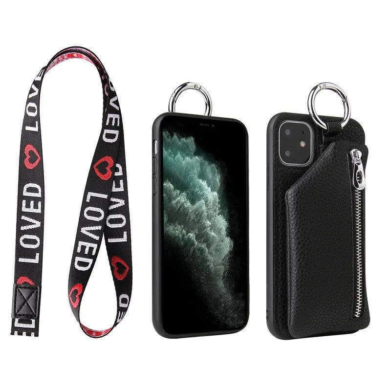 Pink imitation leather phone case with a matching crossbody neck lanyard strap attached