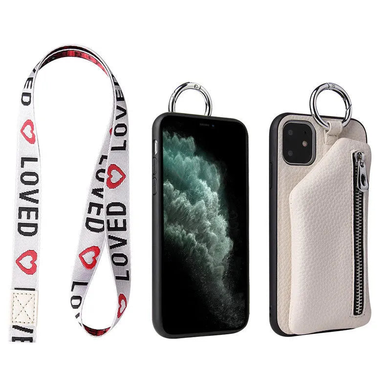 Pink imitation leather phone case with a matching crossbody neck lanyard strap attached