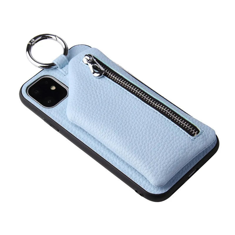 Pink imitation leather phone case with a matching crossbody neck lanyard strap attached