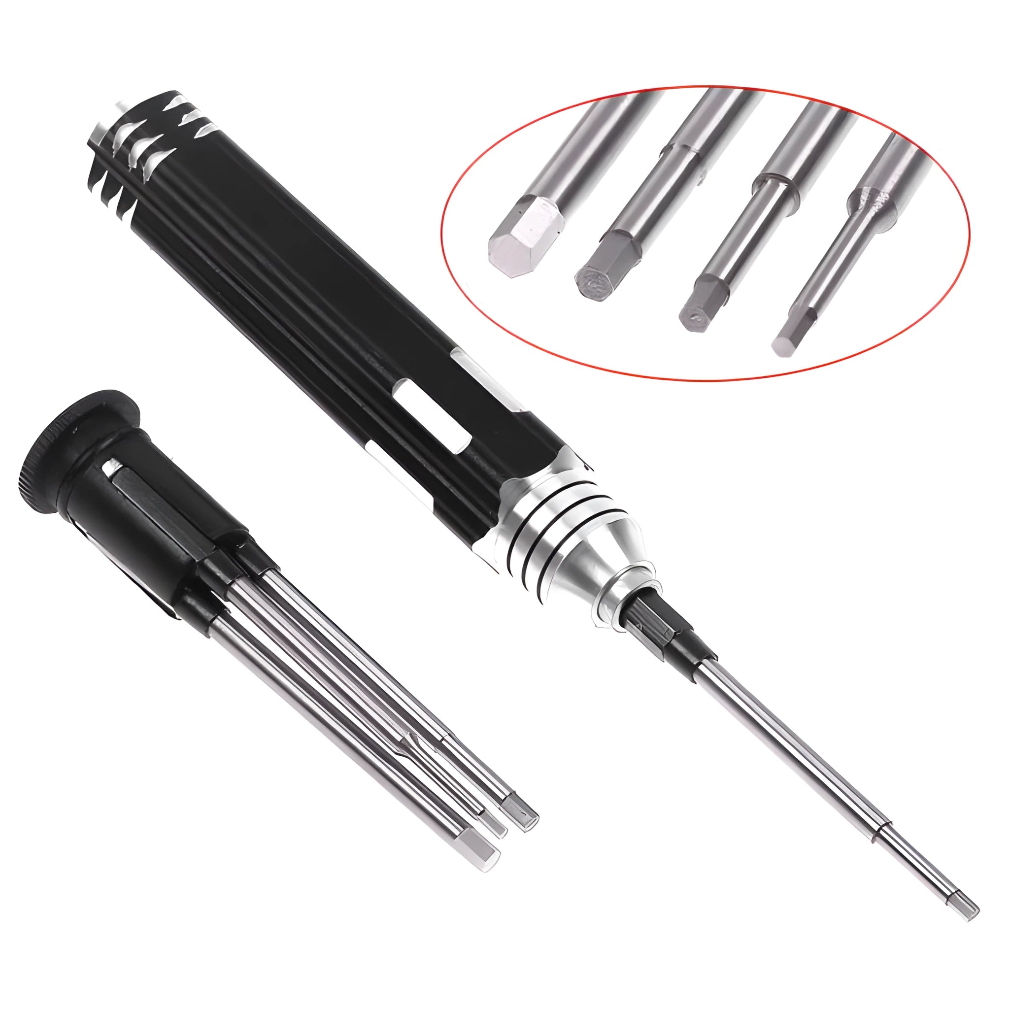 Black four-in-one hexagon socket screwdriver set for aeromodelling with four bit sizes