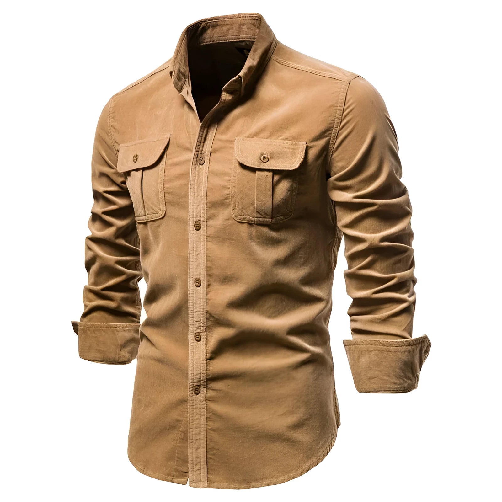 Men's long sleeve linen shirt in Denim Blue on a hanger, showing button front and smart casual style.