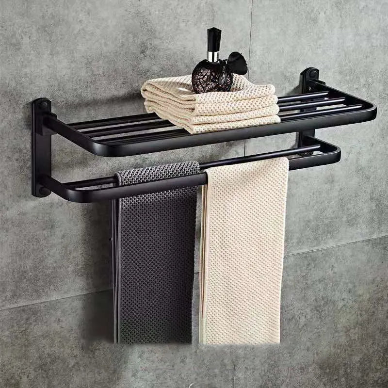 Silver anodised aluminium double-layer bathroom folding shelf with perforations, shown in a 60cm size with an integrated hook.