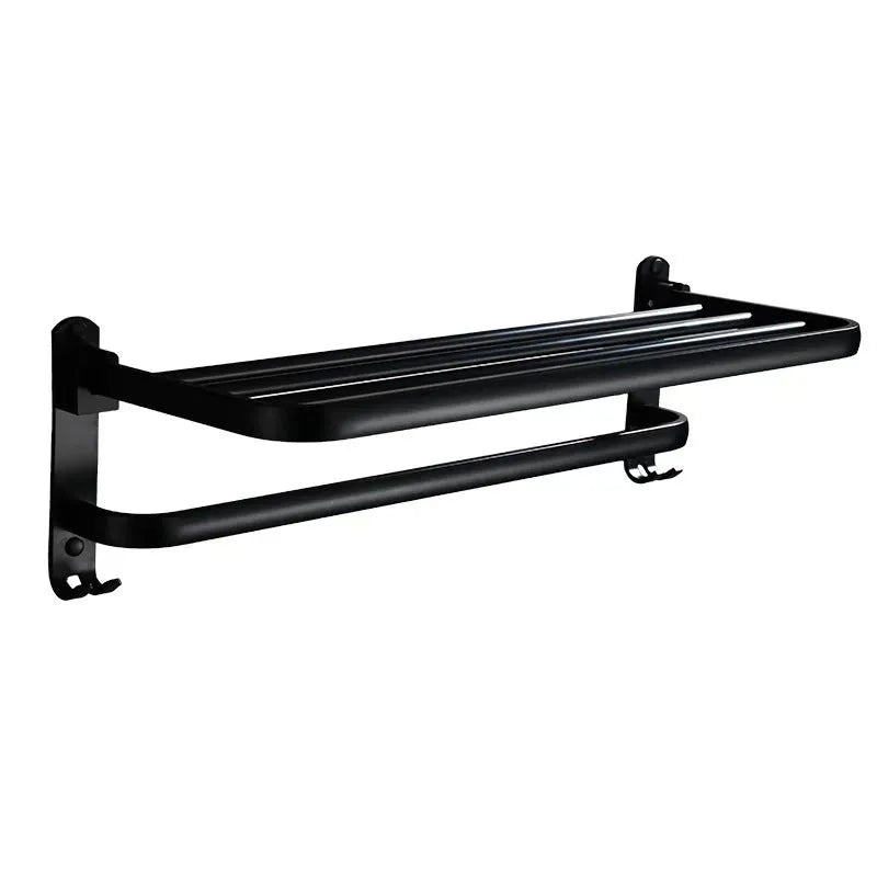 Silver anodised aluminium double-layer bathroom folding shelf with perforations, shown in a 60cm size with an integrated hook.