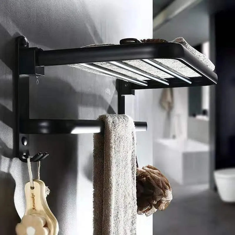 Silver anodised aluminium double-layer bathroom folding shelf with perforations, shown in a 60cm size with an integrated hook.