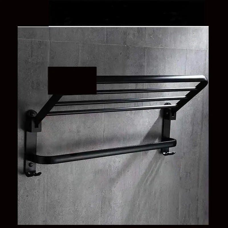 Silver anodised aluminium double-layer bathroom folding shelf with perforations, shown in a 60cm size with an integrated hook.