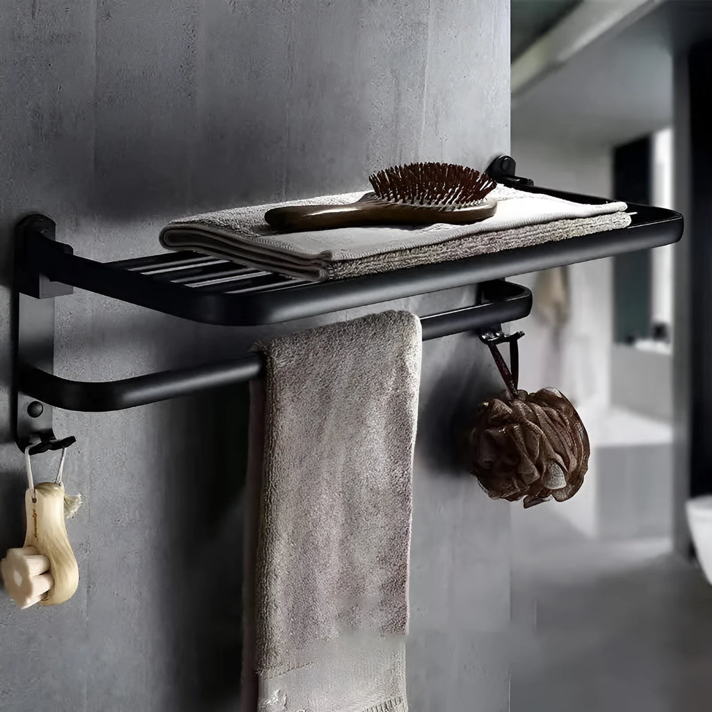 Silver anodised aluminium double-layer bathroom folding shelf with perforations, shown in a 60cm size with an integrated hook.