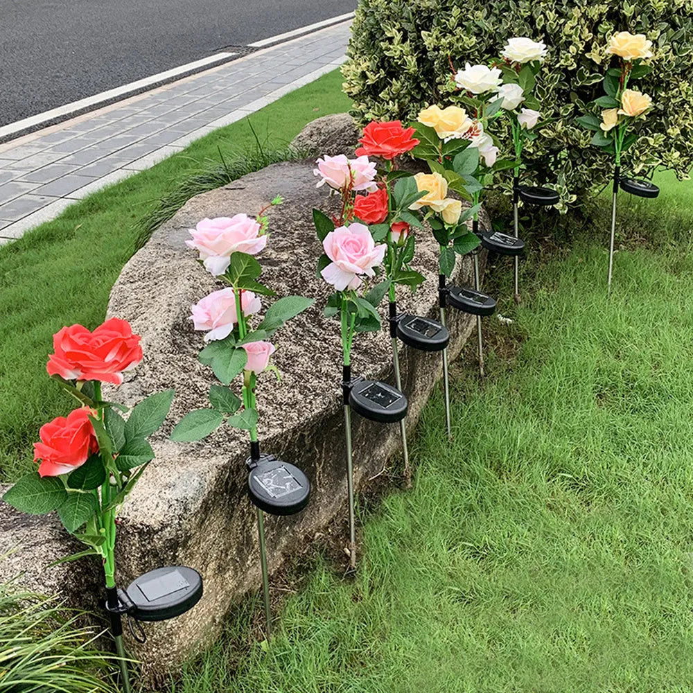 Three-headed solar rose garden lamp with white LED lights on 80cm stainless steel stake