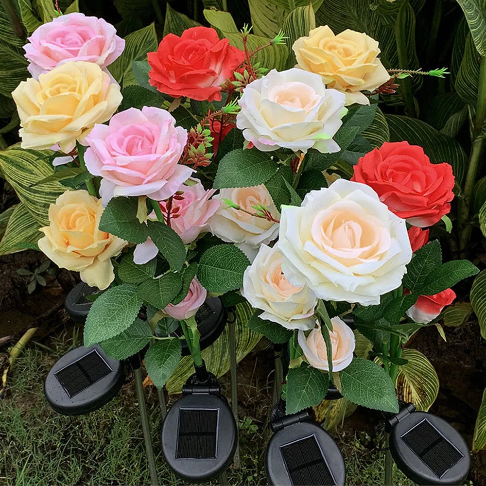 Three-headed solar rose garden lamp with white LED lights on 80cm stainless steel stake