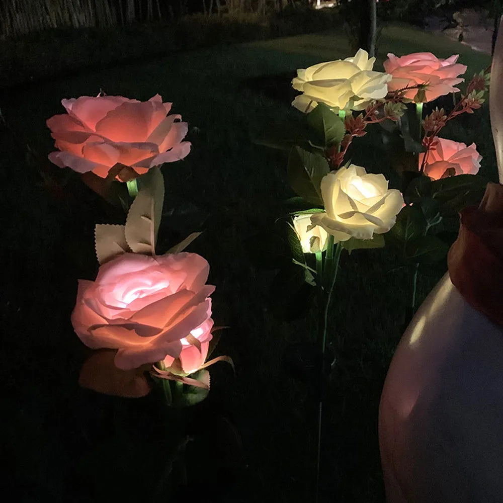 Three-headed solar rose garden lamp with white LED lights on 80cm stainless steel stake