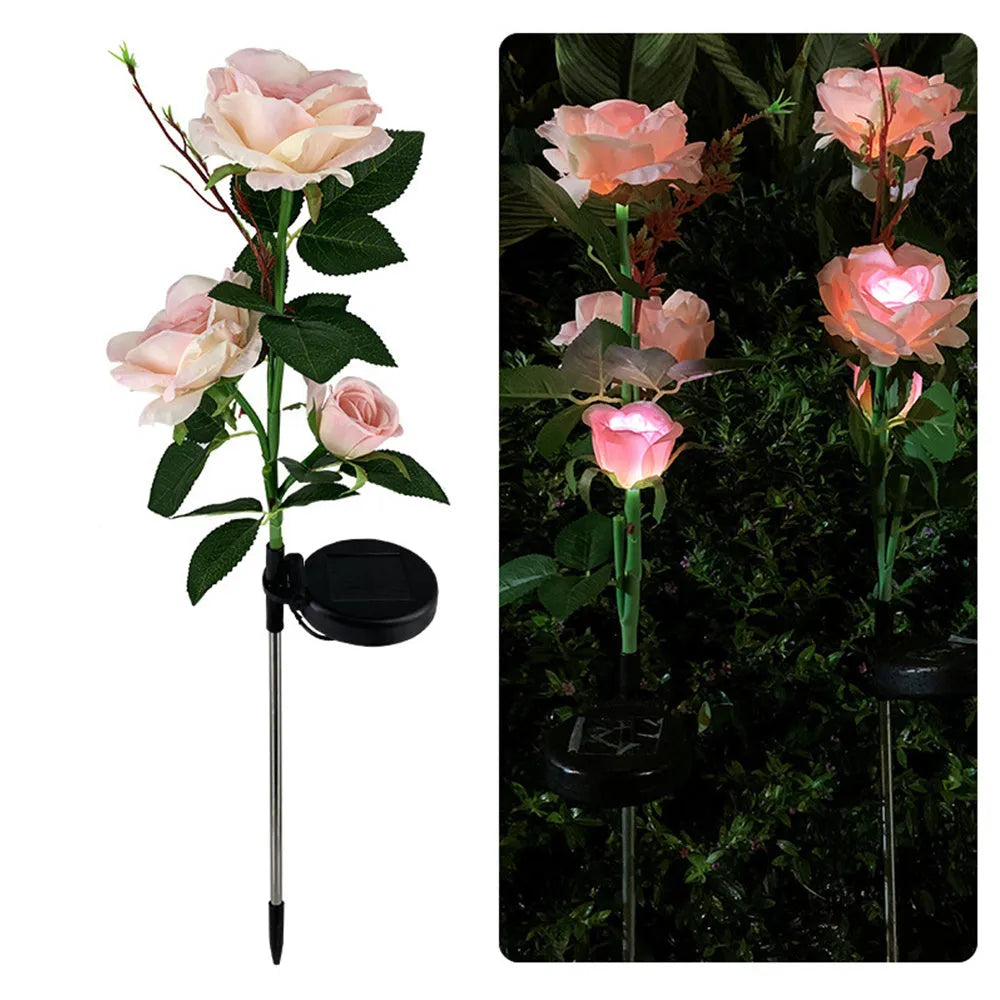 Three-headed solar rose garden lamp with white LED lights on 80cm stainless steel stake
