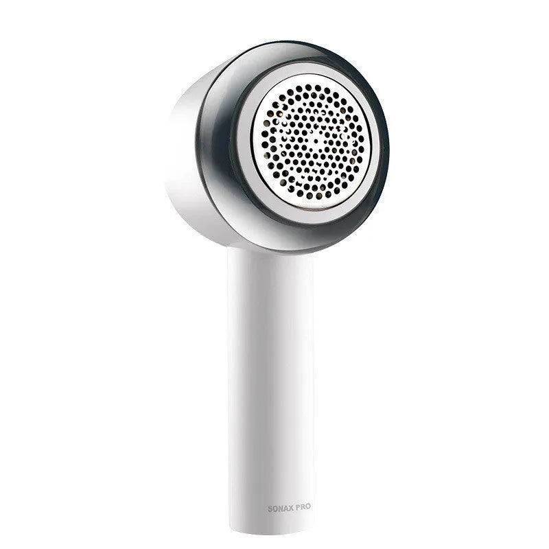 White rechargeable clothes shaver and beater on a plain background.