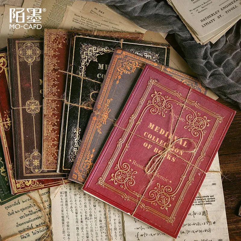 Distressed paper simulation old book prop with vintage-style cover, shown with back panel and hemp rope.