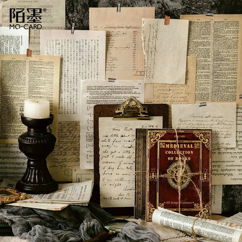 Distressed paper simulation old book prop with vintage-style cover, shown with back panel and hemp rope.