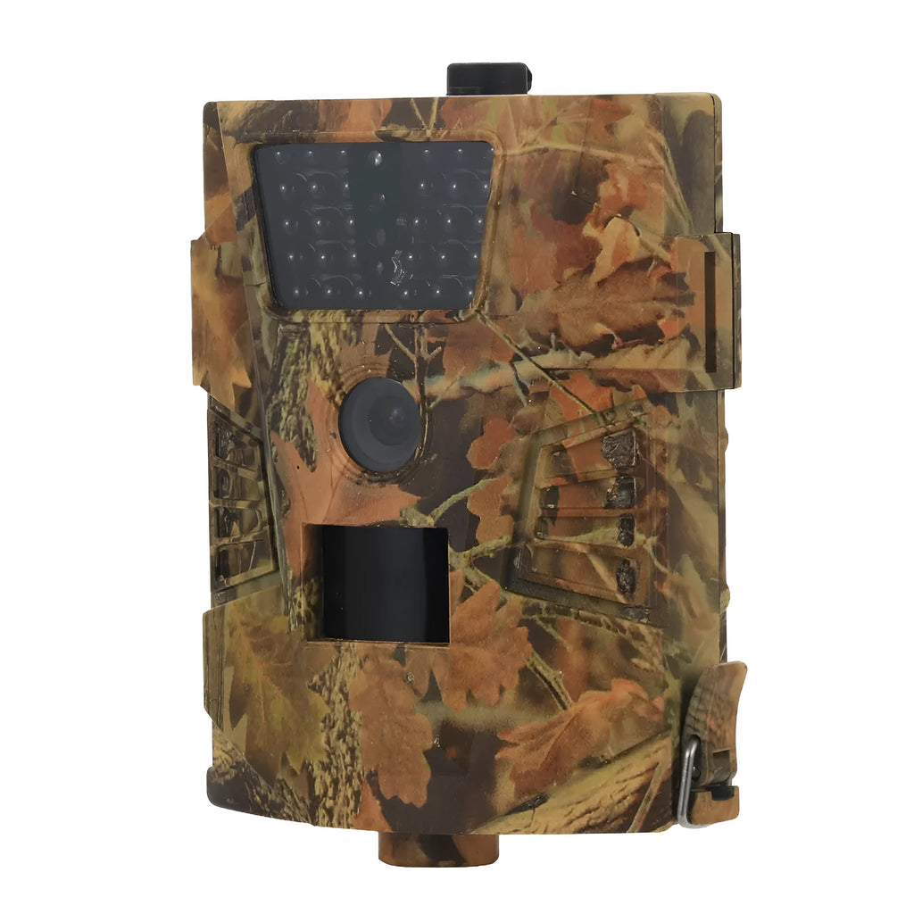 Black trail camera with 65ft night vision for orchard surveillance and wildlife monitoring