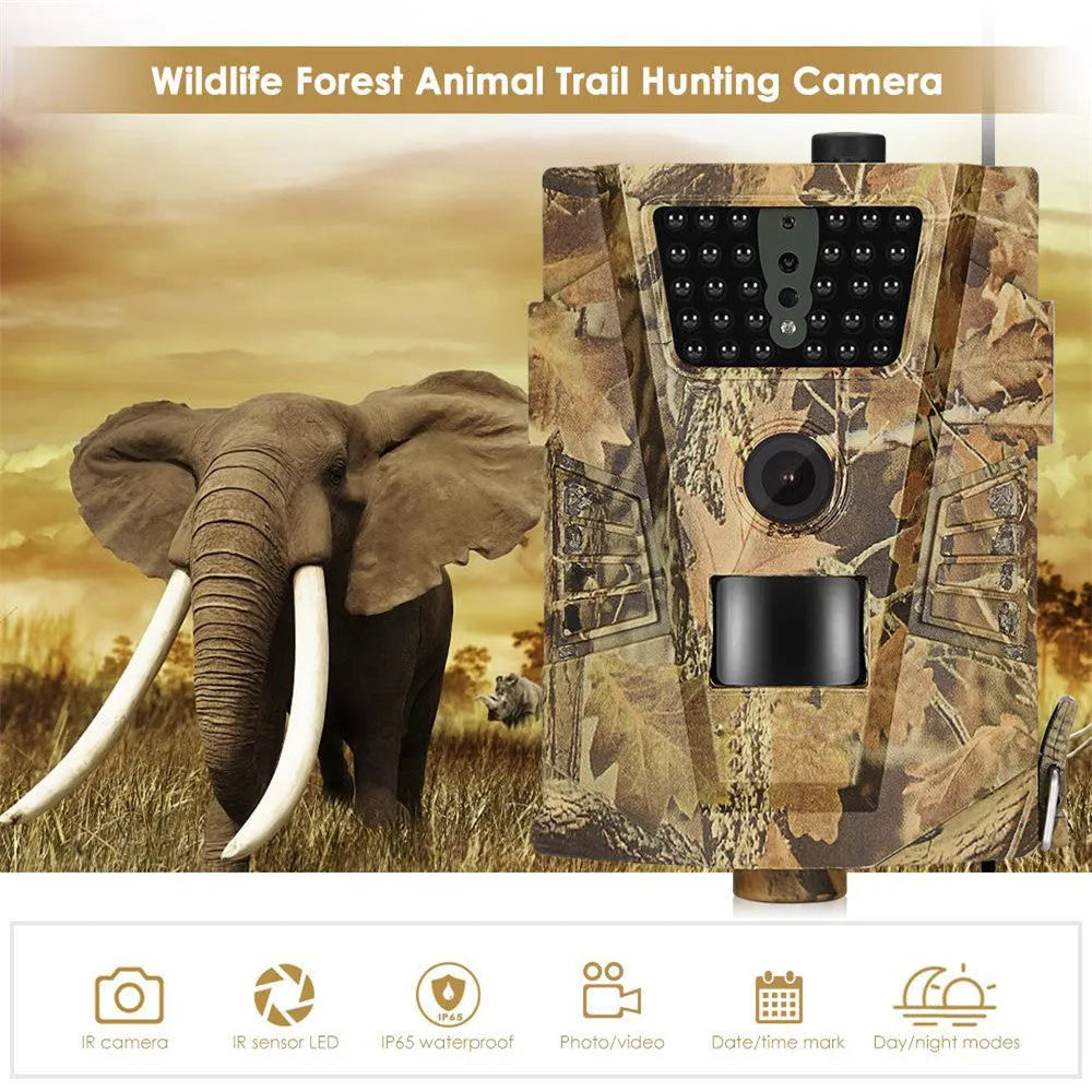 Black trail camera with 65ft night vision for orchard surveillance and wildlife monitoring