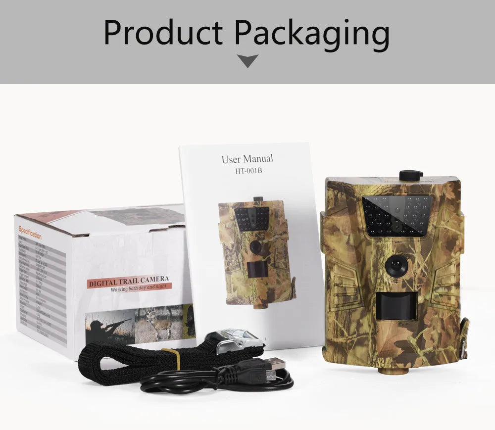 Black trail camera with 65ft night vision for orchard surveillance and wildlife monitoring